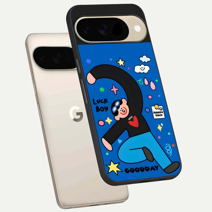  Happy Luck Vibe phone case For Google Pixel 9 showing premium glass back cover with detailed artwork