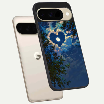  Heart With Moon Sky phone case For Google Pixel 9 showing premium glass back cover with detailed artwork