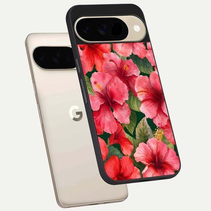  Hibiscus Pattern phone case For Google Pixel 9 showing premium glass back cover with detailed artwork