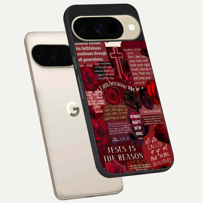  Jesus Love Heals phone case For Google Pixel 9 showing premium glass back cover with detailed artwork