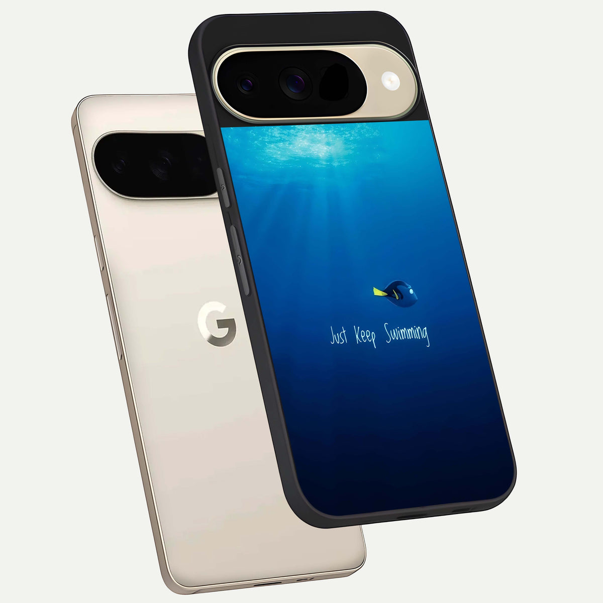  Just Keep Swimming phone case For Google Pixel 9 showing premium glass back cover with detailed artwork