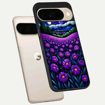  Lavender Moon Field phone case For Google Pixel 9 showing premium glass back cover with detailed artwork