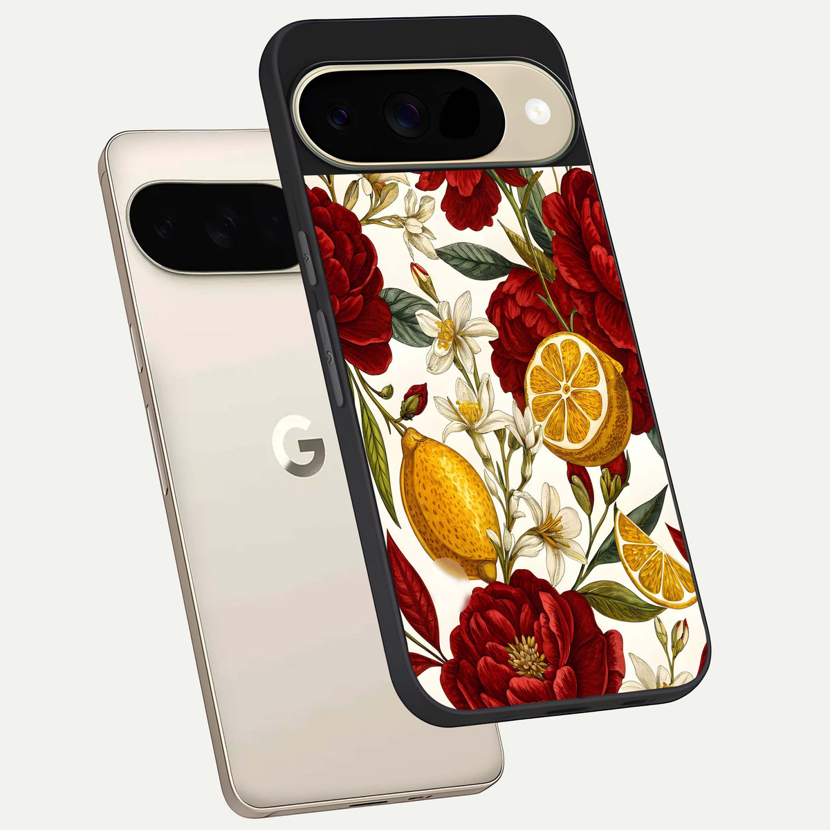  Lemon Rose Charm phone case For Google Pixel 9 showing premium glass back cover with detailed artwork