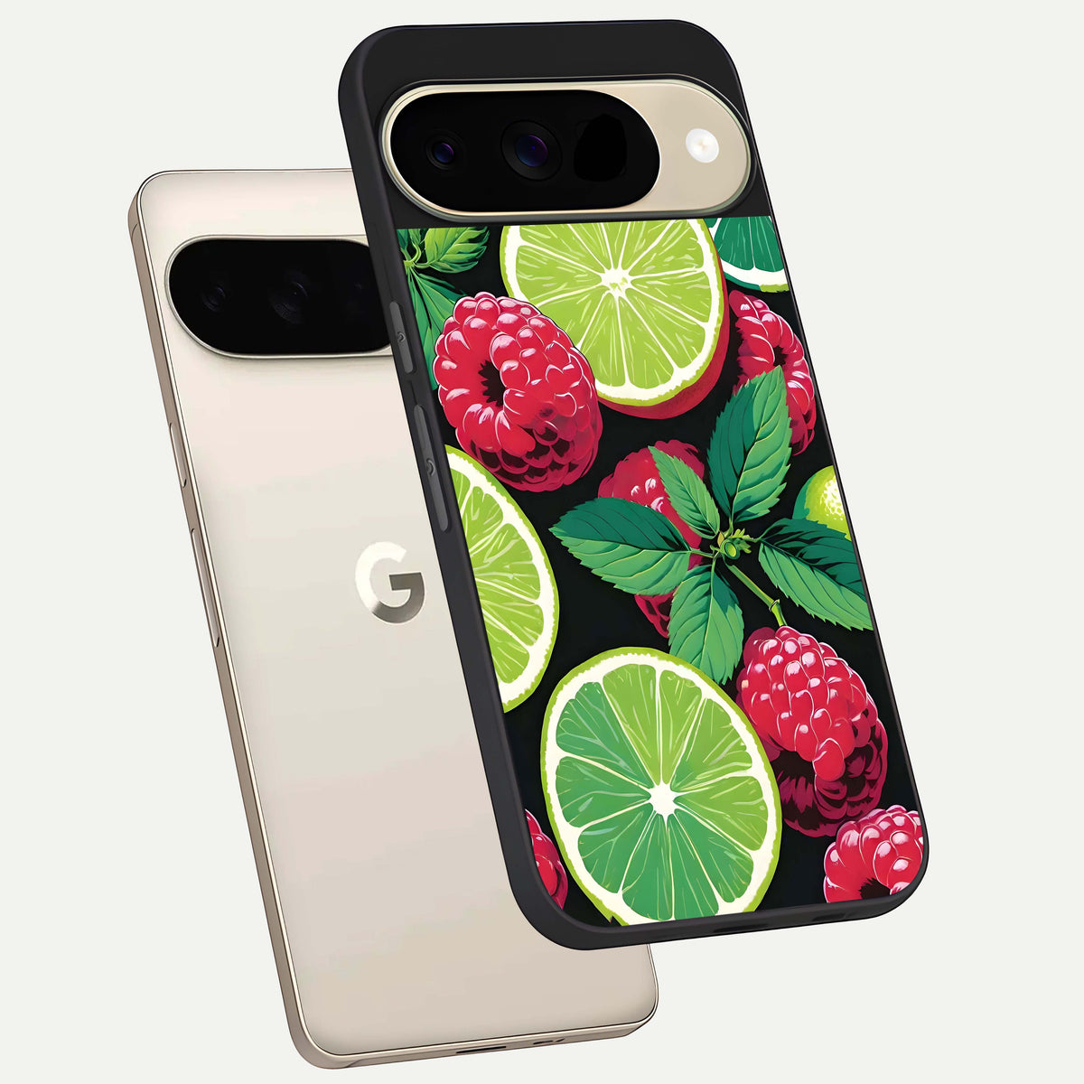  Lime and Raspberry Pattern phone case For Google Pixel 9 showing premium glass back cover with detailed artwork