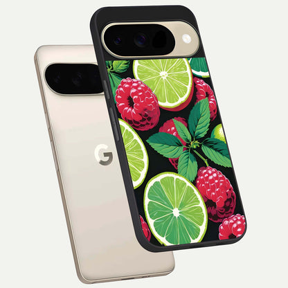  Lime and Raspberry Pattern phone case For Google Pixel 9 showing premium glass back cover with detailed artwork