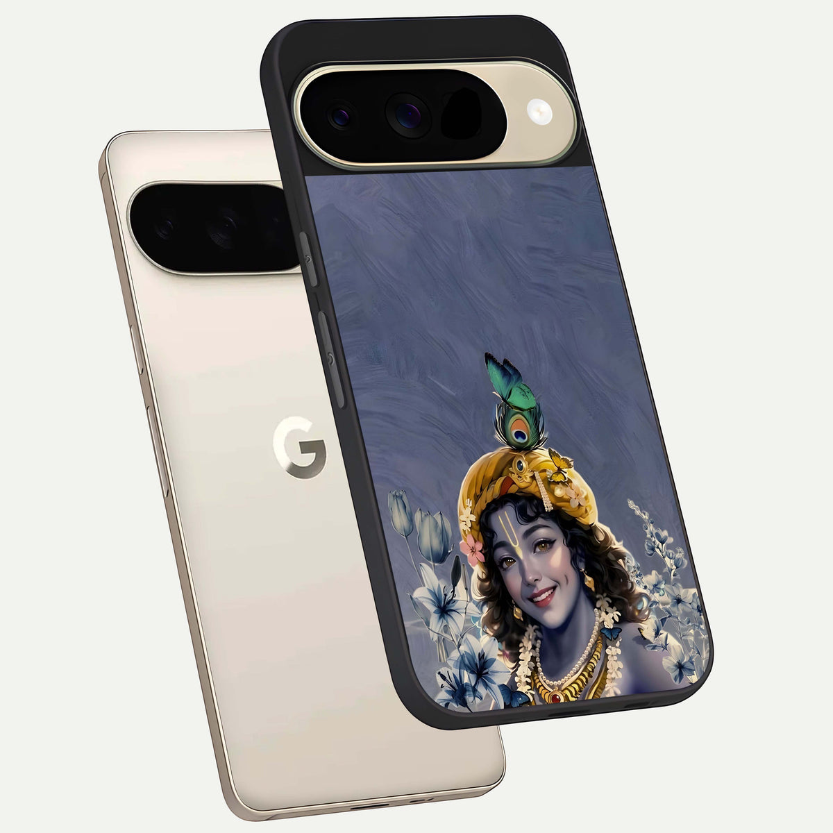  Lord Krishna phone case For Google Pixel 9 showing premium glass back cover with detailed artwork