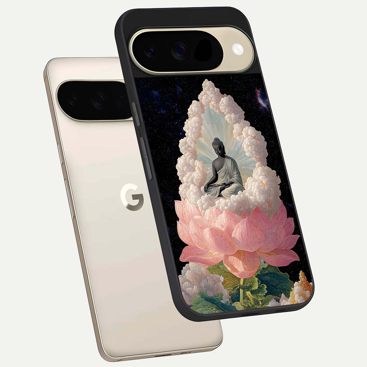  Lotus Divine Peace phone case For Google Pixel 9 showing premium glass back cover with detailed artwork