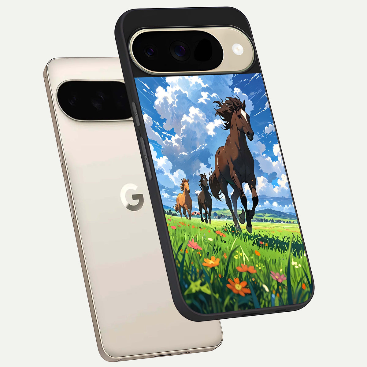  Majestic Horses Galloping phone case For Google Pixel 9 showing premium glass back cover with detailed artwork