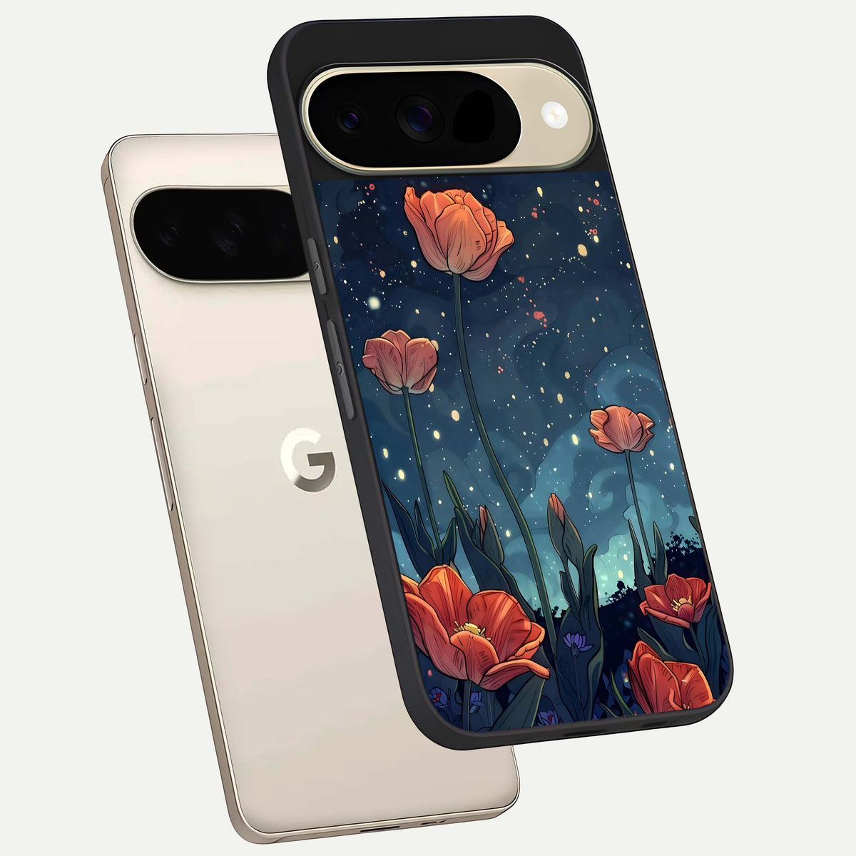  Midnight Tulip Glow phone case For Google Pixel 9 showing premium glass back cover with detailed artwork