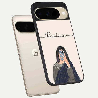  Mirror Mood Muse With Custom Name phone case For Google Pixel 9 showing premium glass back cover with detailed artwork
