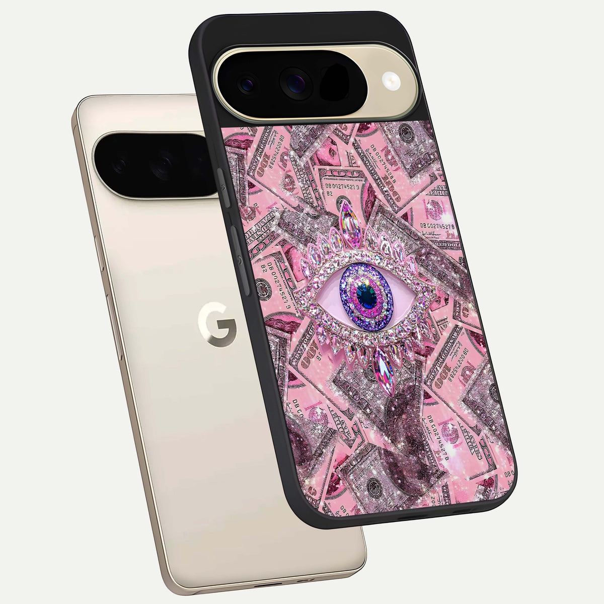  Money Eye Luxe phone case For Google Pixel 9 showing premium glass back cover with detailed artwork