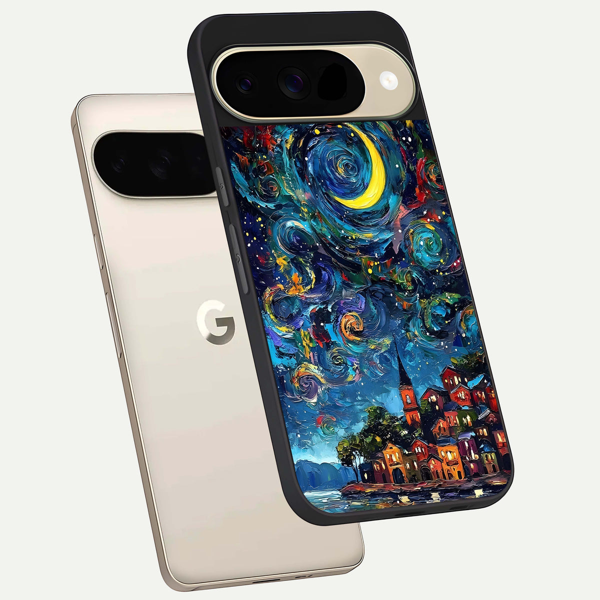  Moonlight Harbor Glow phone case For Google Pixel 9 showing premium glass back cover with detailed artwork
