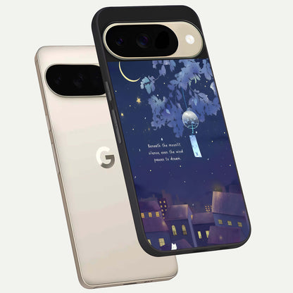  Moonlit Cat Silence phone case For Google Pixel 9 showing premium glass back cover with detailed artwork