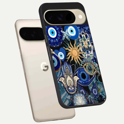  Mystic Blue Evil Eye phone case For Google Pixel 9 showing premium glass back cover with detailed artwork