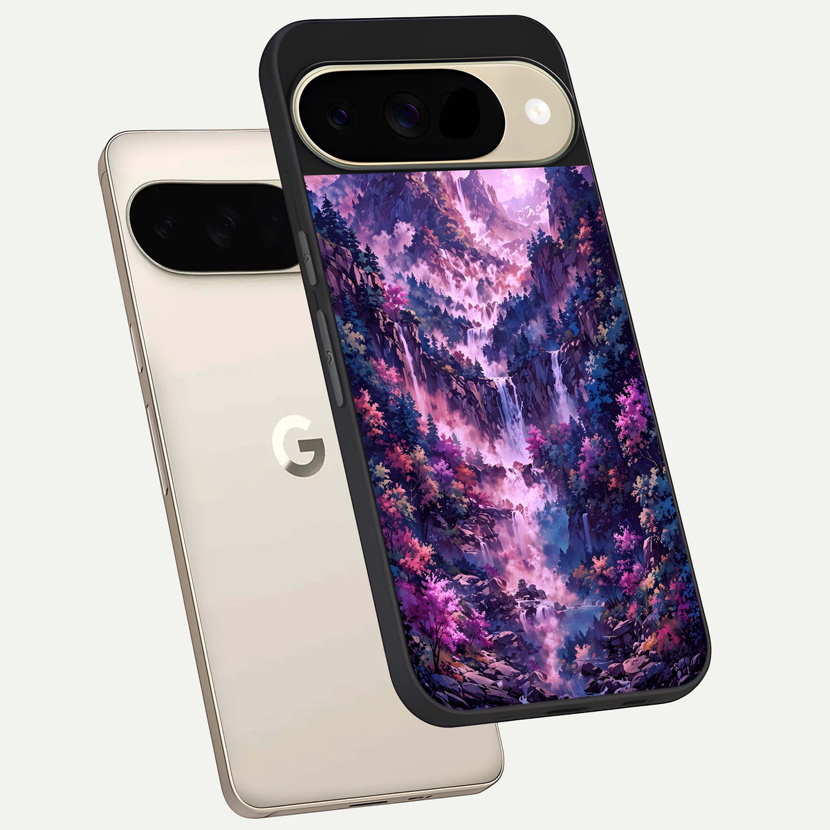  Mystic Cascade Peaks phone case For Google Pixel 9 showing premium glass back cover with detailed artwork