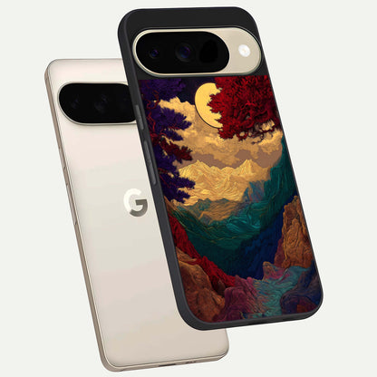  Mystic Valley Light phone case For Google Pixel 9 showing premium glass back cover with detailed artwork