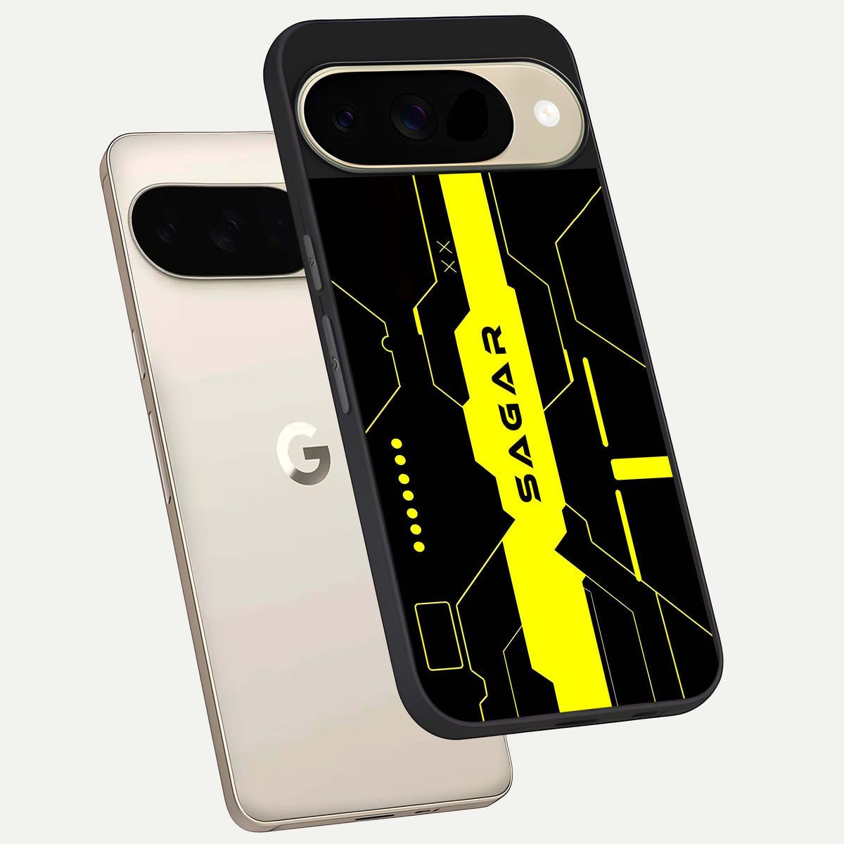  Neon CYBERPUNK Custom Name phone case For Google Pixel 9 showing premium glass back cover with detailed artwork