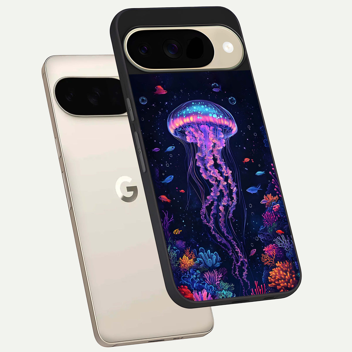  Neon Jellyfish phone case For Google Pixel 9 showing premium glass back cover with detailed artwork