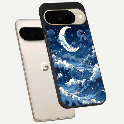 Ocean Moon Waves phone case For Google Pixel 9 showing premium glass back cover with detailed artwork
