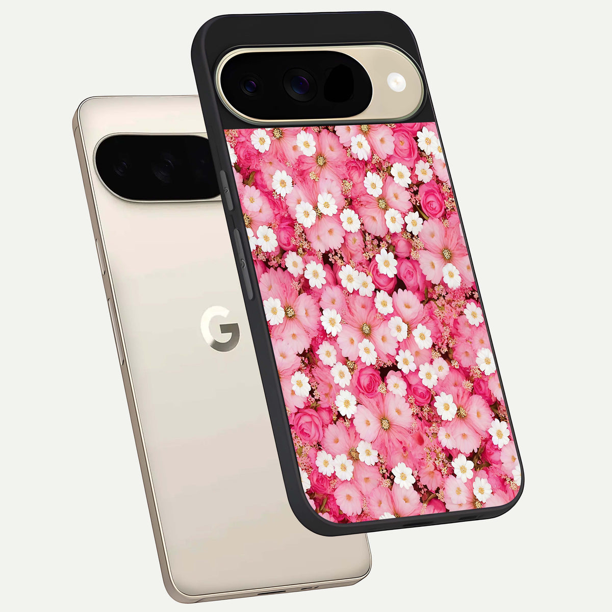  Pink Daisy Bliss phone case For Google Pixel 9 showing premium glass back cover with detailed artwork