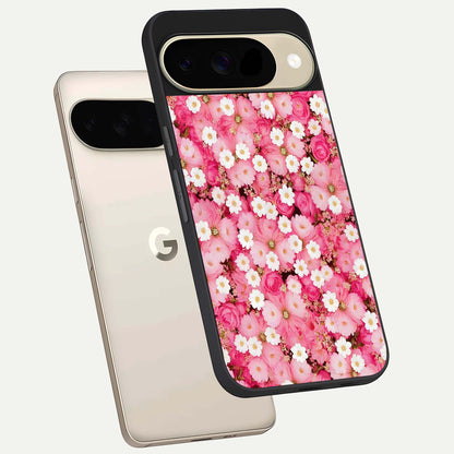  Pink Daisy Bliss phone case For Google Pixel 9 showing premium glass back cover with detailed artwork