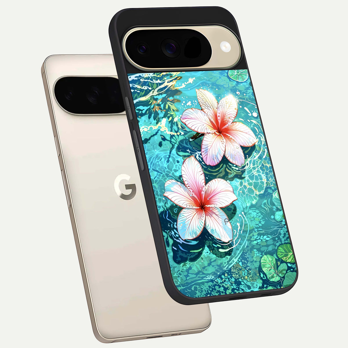  Pink Flowers in Water phone case For Google Pixel 9 showing premium glass back cover with detailed artwork