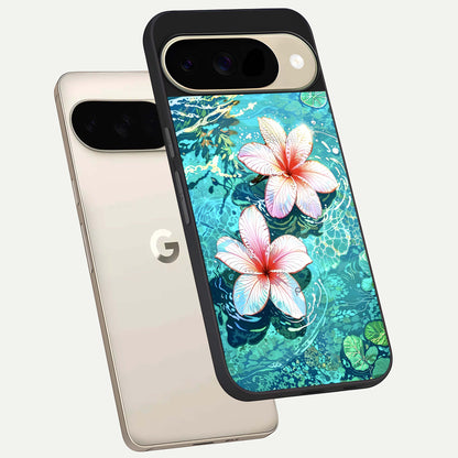  Pink Flowers in Water phone case For Google Pixel 9 showing premium glass back cover with detailed artwork