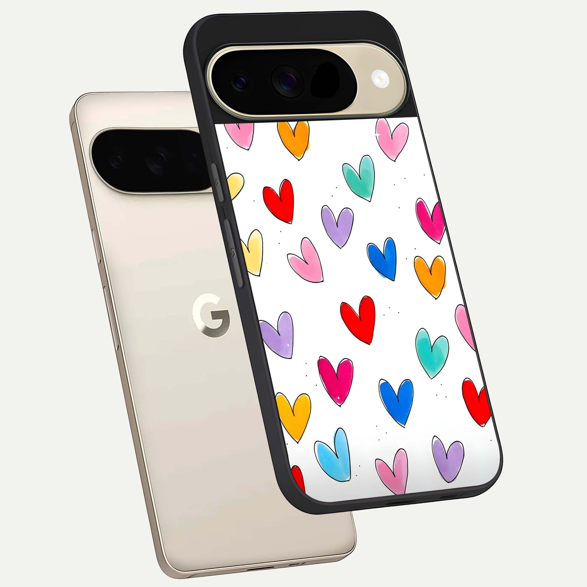  Playful Love Doodles phone case For Google Pixel 9 showing premium glass back cover with detailed artwork