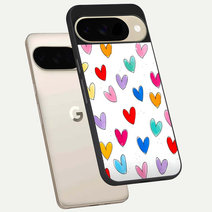  Playful Love Doodles phone case For Google Pixel 9 showing premium glass back cover with detailed artwork