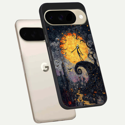  Pumpkin Moon Night phone case For Google Pixel 9 showing premium glass back cover with detailed artwork