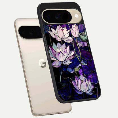  Purple Lotus Pattern phone case For Google Pixel 9 showing premium glass back cover with detailed artwork