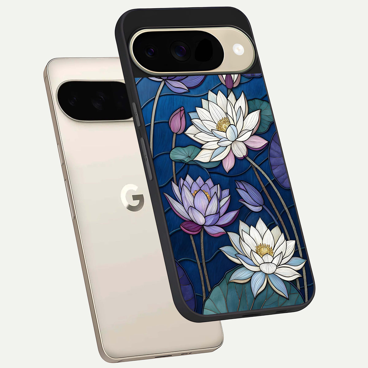  Purple Lotus Stained phone case For Google Pixel 9 showing premium glass back cover with detailed artwork