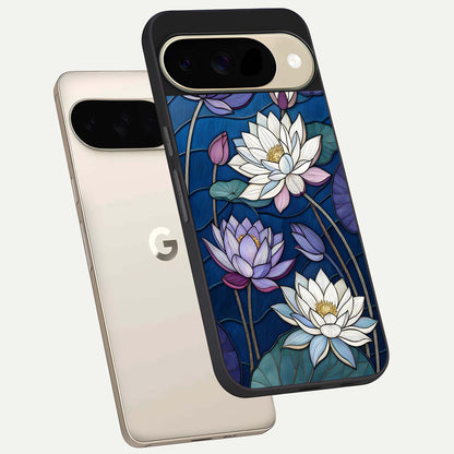  Purple Lotus Stained phone case For Google Pixel 9 showing premium glass back cover with detailed artwork