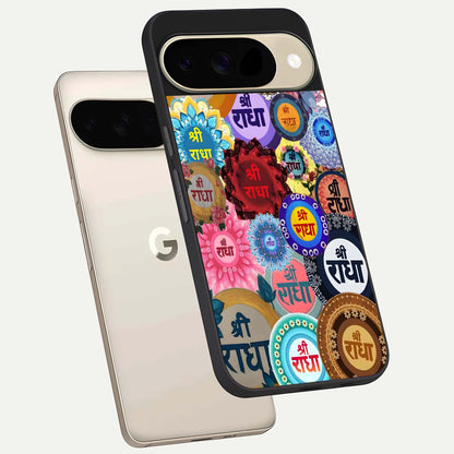  Radha Divine Bloom phone case For Google Pixel 9 showing premium glass back cover with detailed artwork