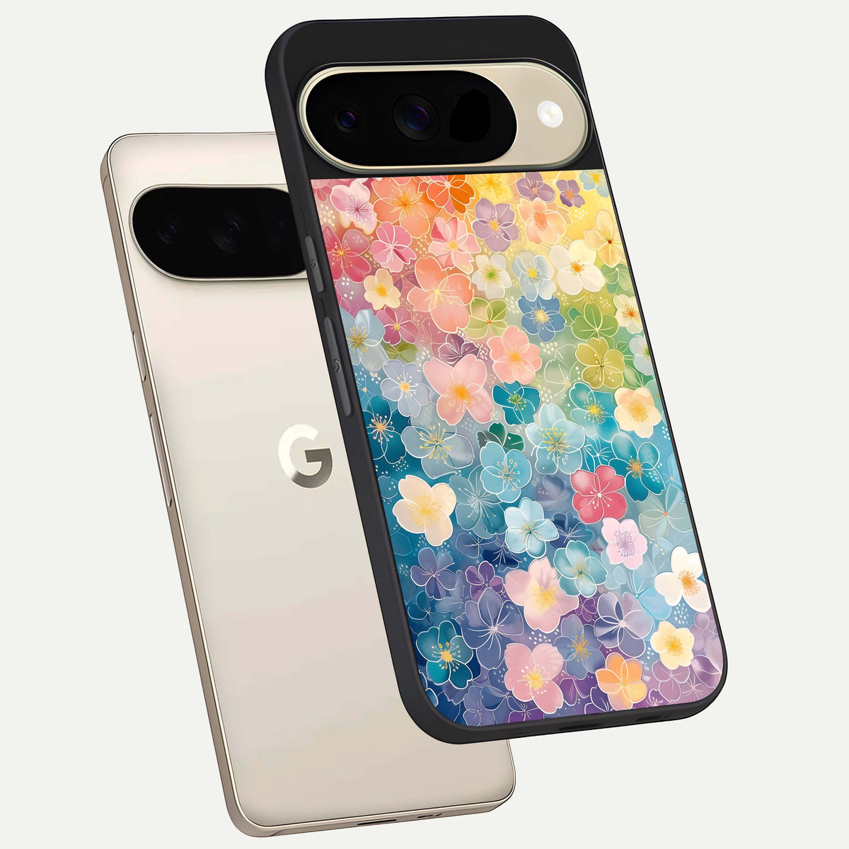  Rainbow Blossom Burst phone case For Google Pixel 9 showing premium glass back cover with detailed artwork