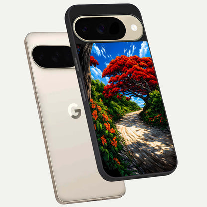  Red Trees Pathway phone case For Google Pixel 9 showing premium glass back cover with detailed artwork