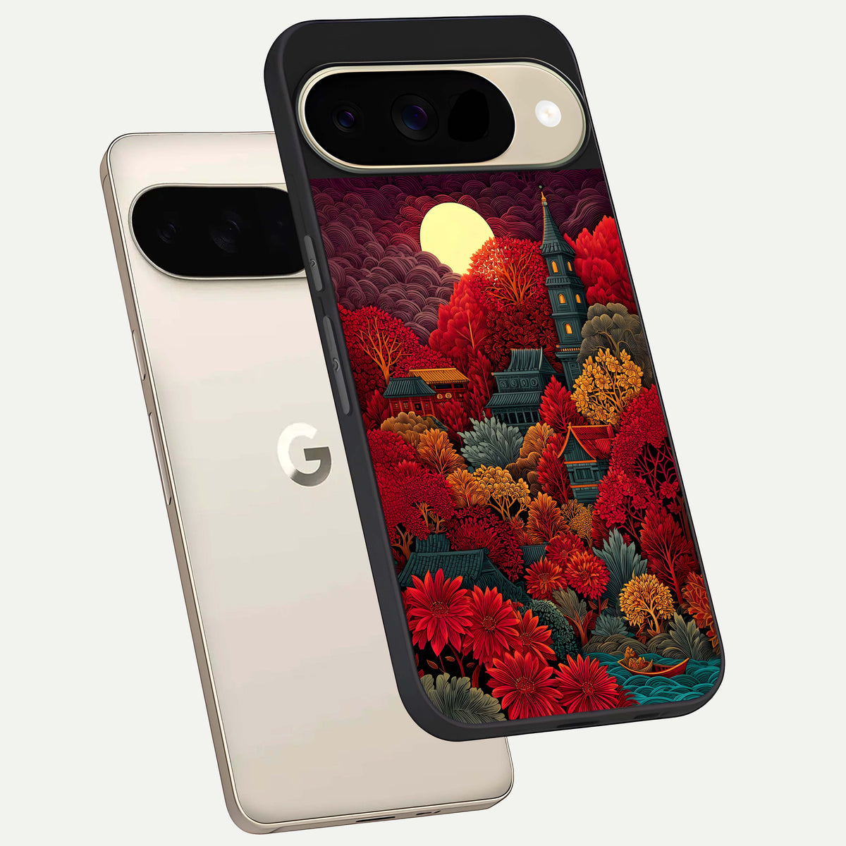  Scarlet Autumn Temple phone case For Google Pixel 9 showing premium glass back cover with detailed artwork