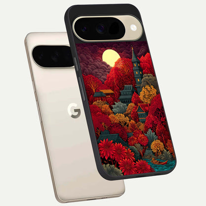  Scarlet Autumn Temple phone case For Google Pixel 9 showing premium glass back cover with detailed artwork