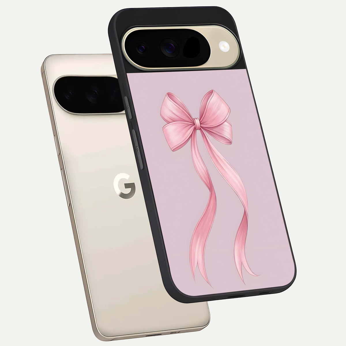  Soft Blush Bow phone case For Google Pixel 9 showing premium glass back cover with detailed artwork