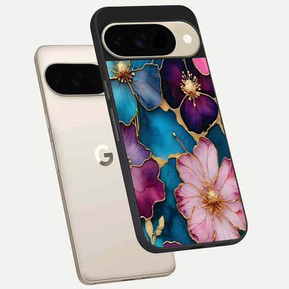  Sparkle Floral phone case For Google Pixel 9 showing premium glass back cover with detailed artwork