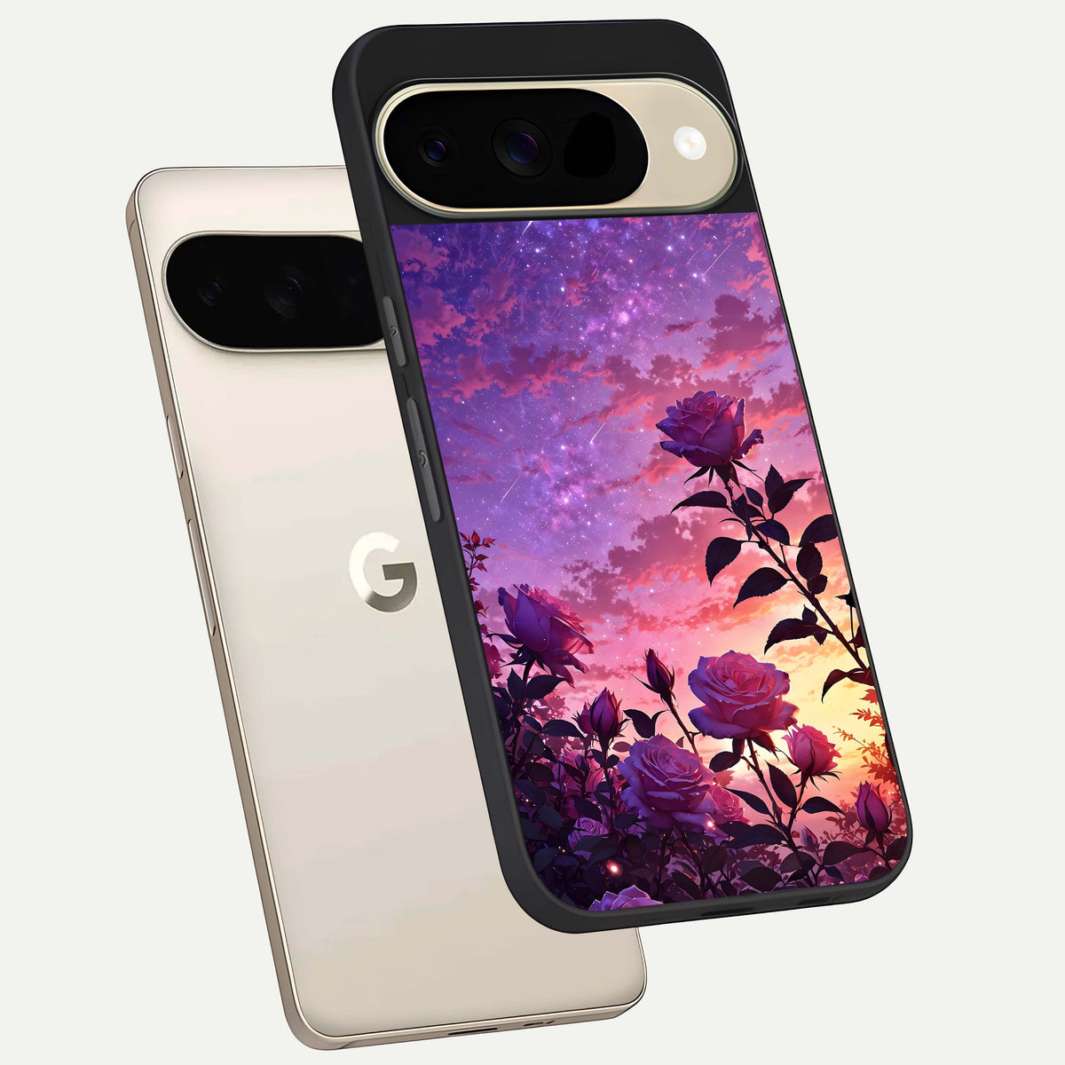  Starlit Rose Twilight phone case For Google Pixel 9 showing premium glass back cover with detailed artwork