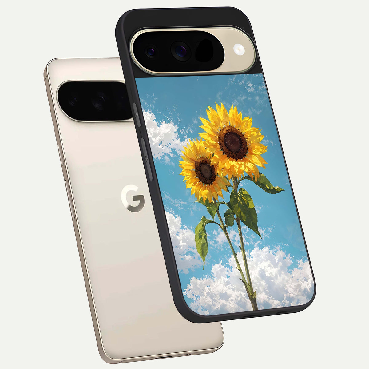  Sunlit Daisy Glow phone case For Google Pixel 9 showing premium glass back cover with detailed artwork