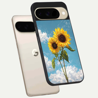  Sunlit Daisy Glow phone case For Google Pixel 9 showing premium glass back cover with detailed artwork
