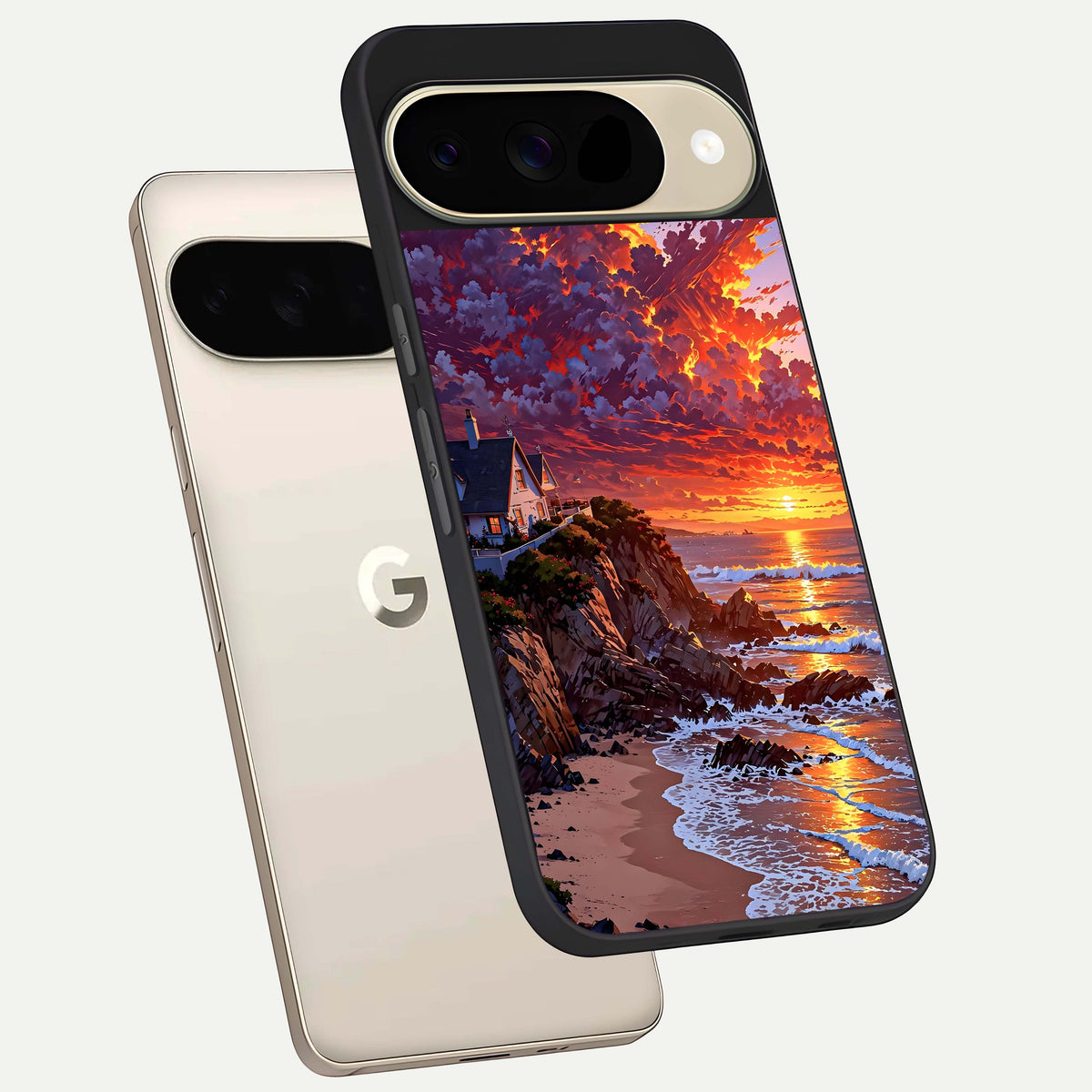  Sunset House By Sea phone case For Google Pixel 9 showing premium glass back cover with detailed artwork