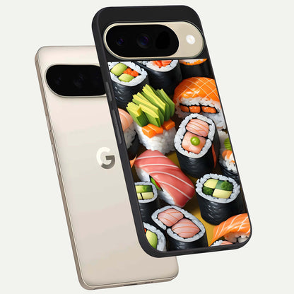  Sushi Food Pattern phone case For Google Pixel 9 showing premium glass back cover with detailed artwork