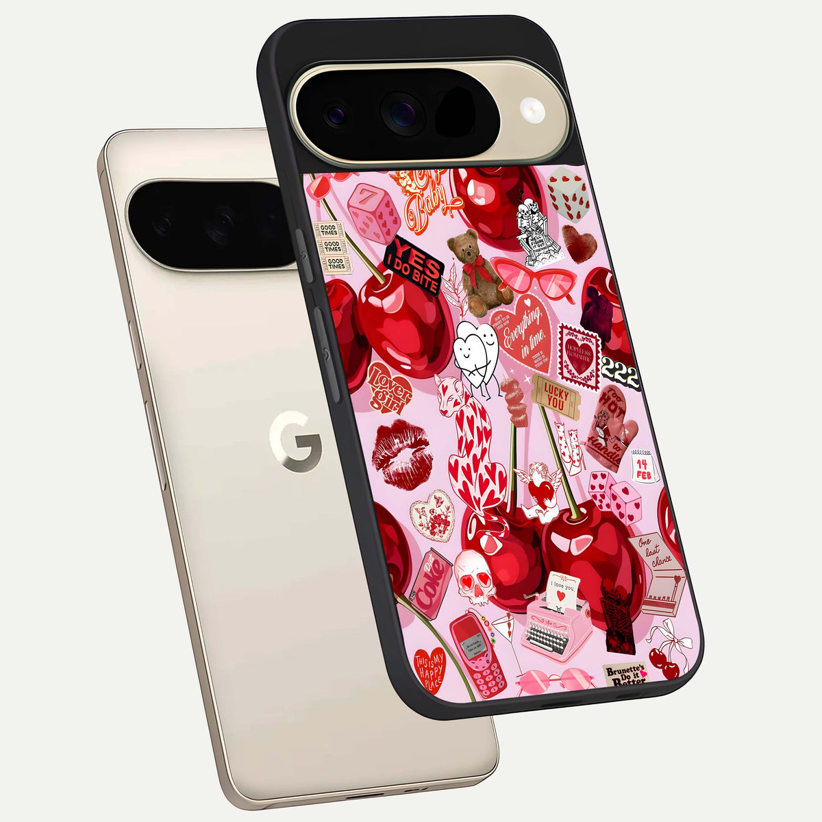  Sweet Cherry Chaos phone case For Google Pixel 9 showing premium glass back cover with detailed artwork