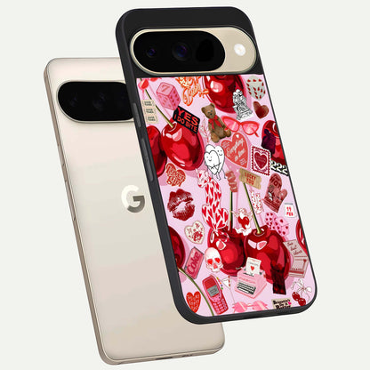  Sweet Cherry Chaos phone case For Google Pixel 9 showing premium glass back cover with detailed artwork