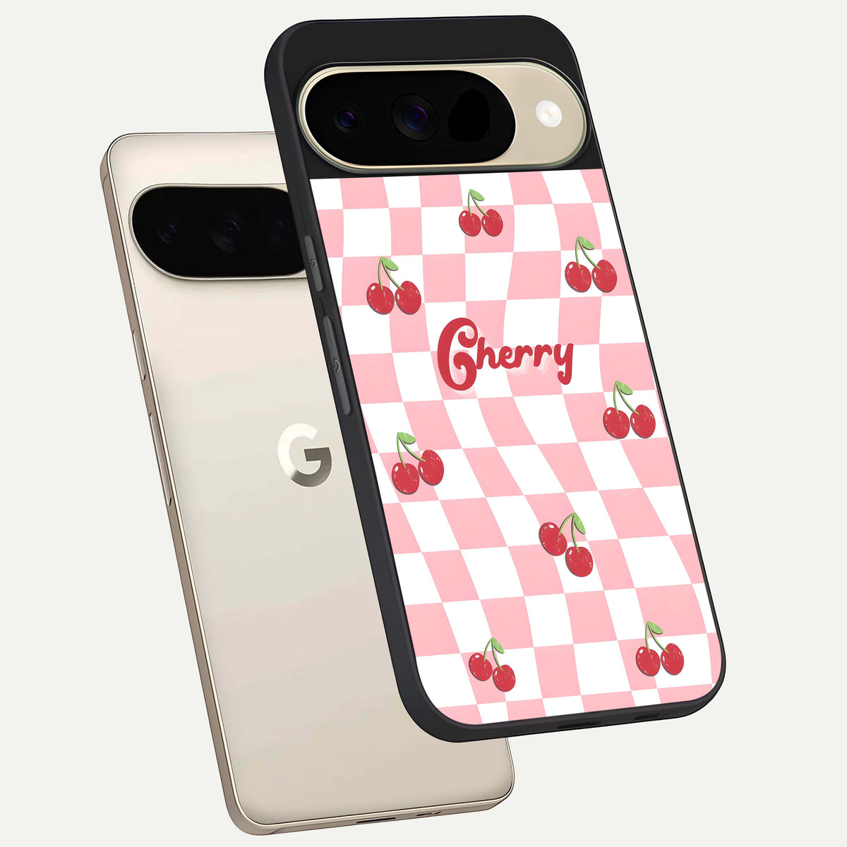  Sweet Cherry Vibes phone case For Google Pixel 9 showing premium glass back cover with detailed artwork
