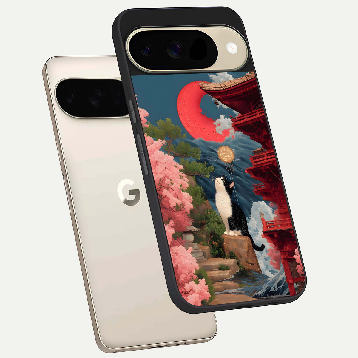  Temple Cat Scenery phone case For Google Pixel 9 showing premium glass back cover with detailed artwork