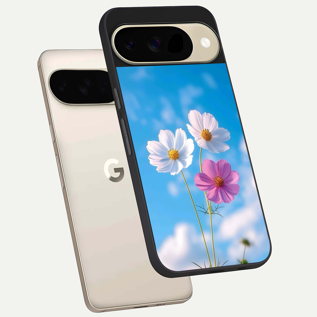  Tripple Flowers With Sky phone case For Google Pixel 9 showing premium glass back cover with detailed artwork